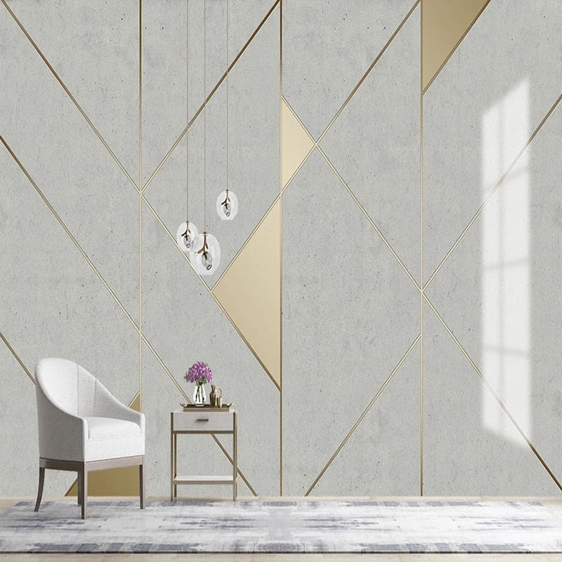 Papier Peint Géométrique Motif Art Déco Gris et Doré Example de Design 1