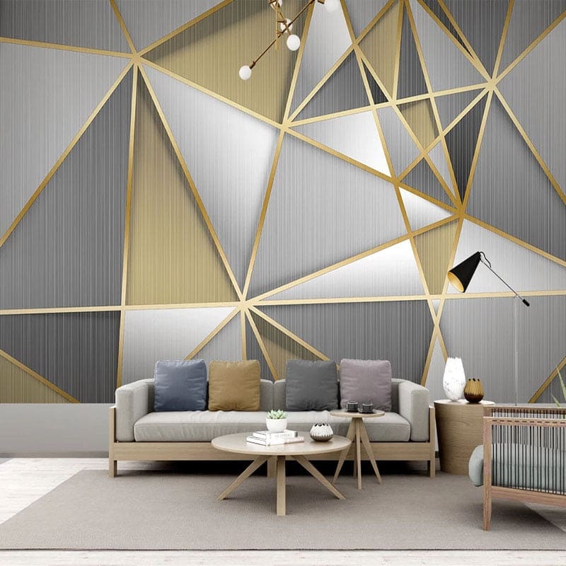Papier Peint Géométrique Motif Art Déco Gris et Doré Example de Design 1