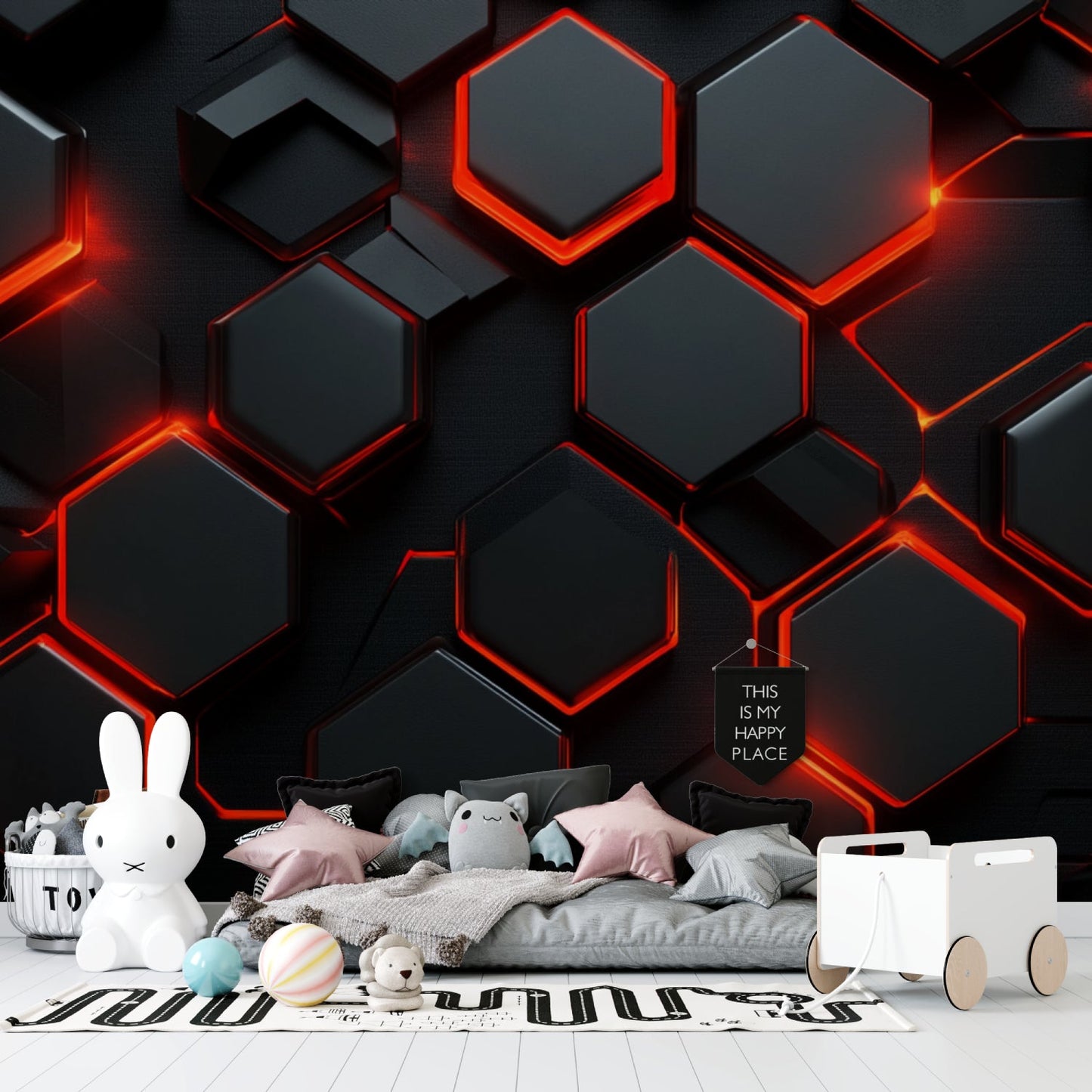 Papier Peint Géométrique Hexagones Noirs avec Contours Lumineux Rouge Example de Design 1