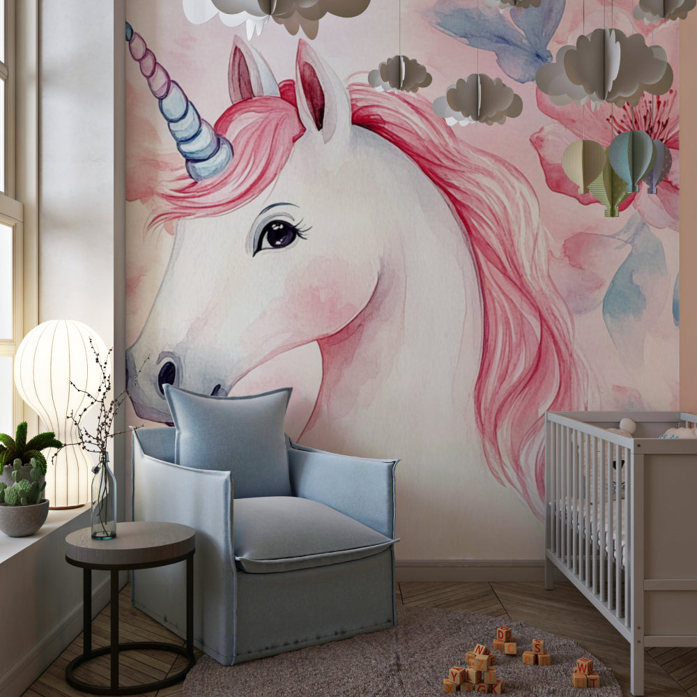 Papier Peint Licorne Aquarelle Florale Rose et Féérique Example de Design 1