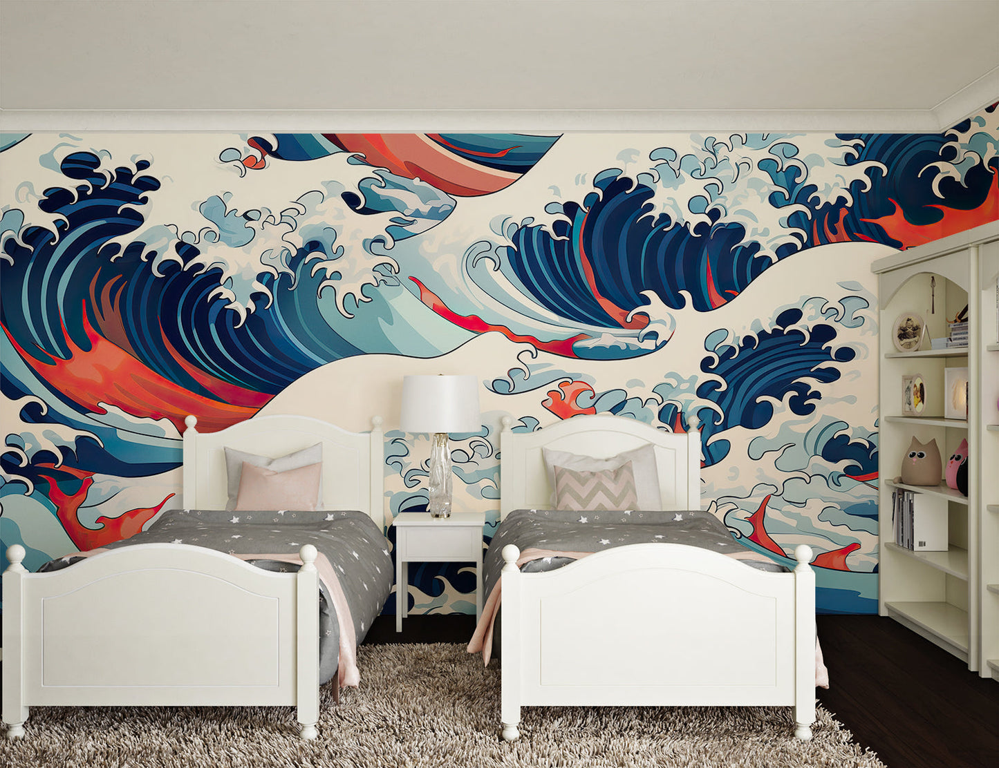 Papier Peint Japonais Vagues Dynamiques Bleu Marine et Rouge Example de Design 1