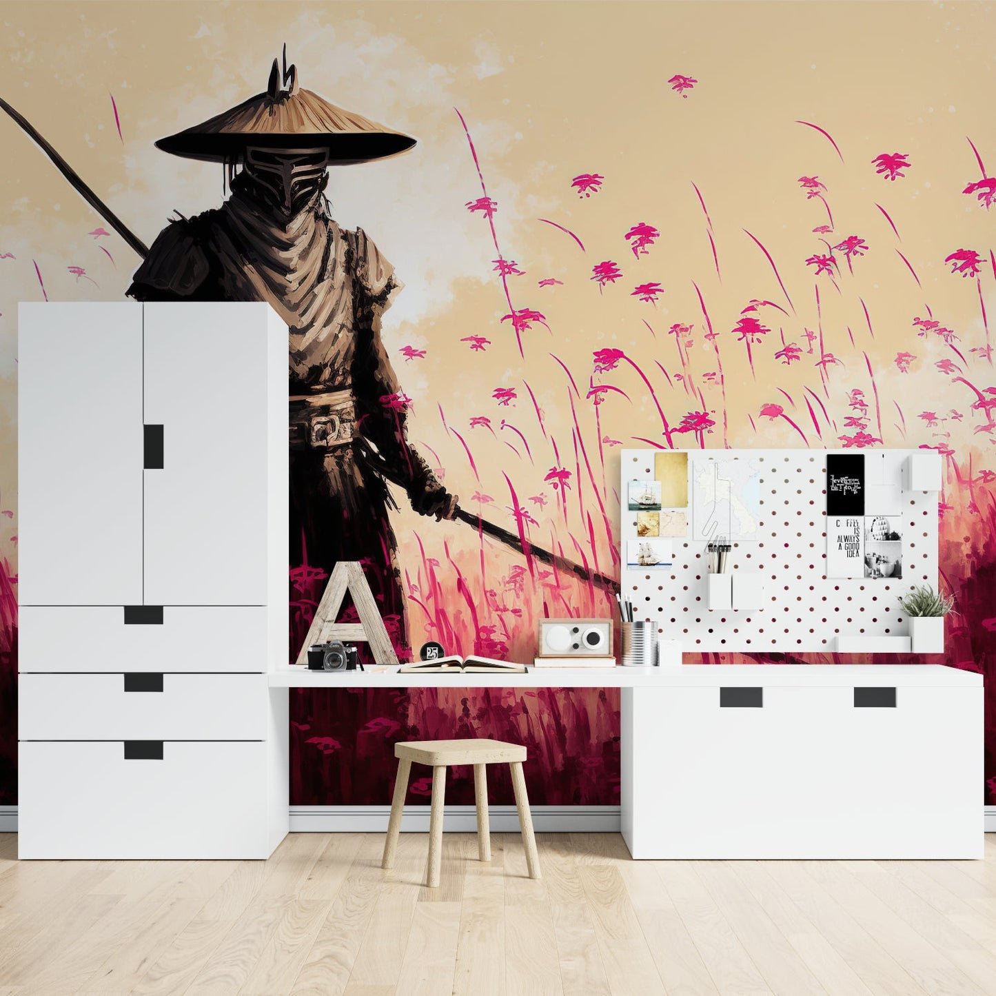 Papier Peint Japonais Samouraï dans un Champ de Fleurs Rose Example de Design 1