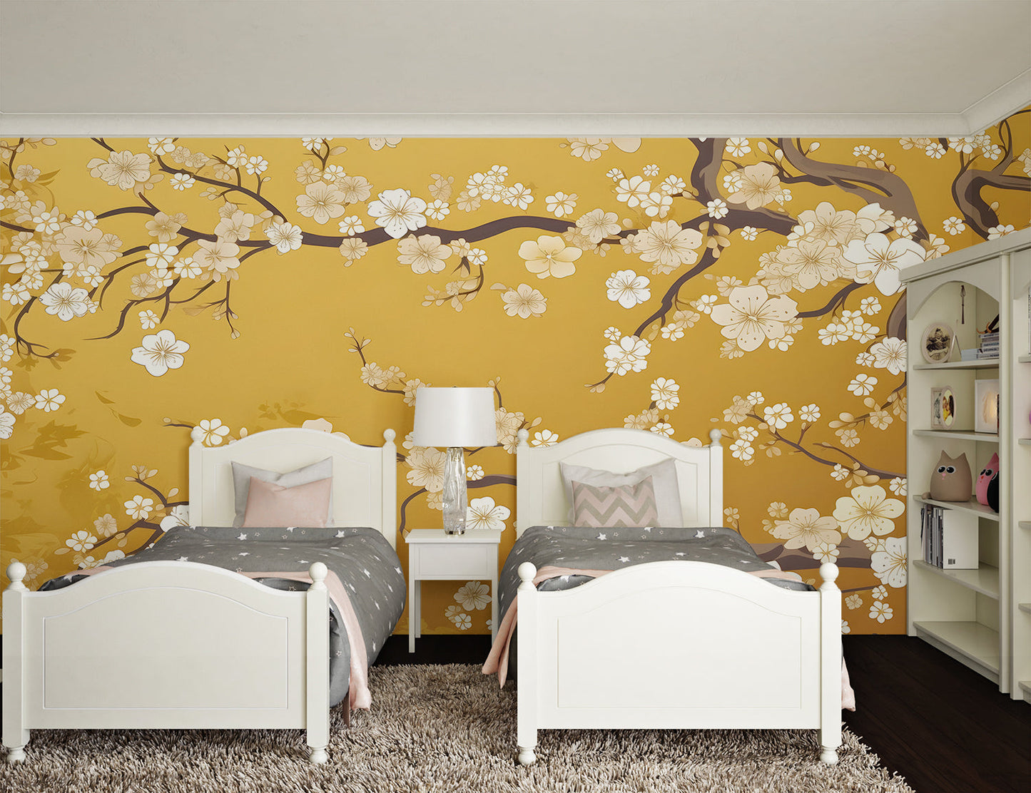 Papier Peint Japonais Fleurs de Cerisier sur Fond Doré Example de Design 1