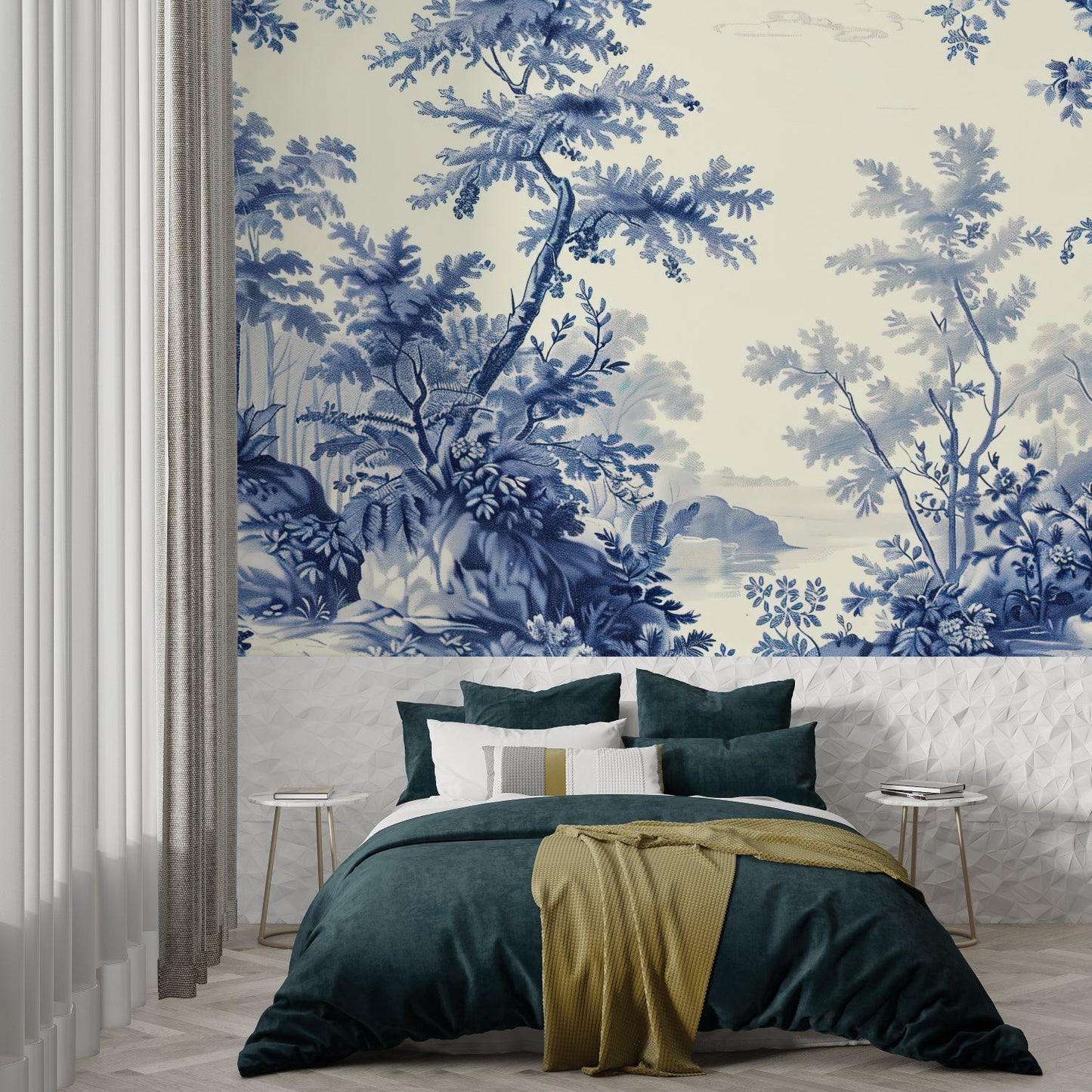 Papier Peint Toile de Jouy Arbre Délicat Bleu sur Fond Crème Example de Design 1