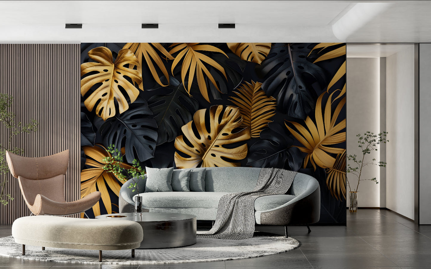 Papier Peint Tropical Feuilles de Monstera Noir et Or Example de Design 1