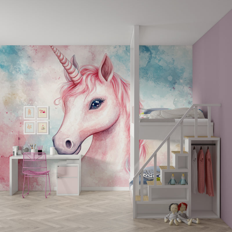 Papier Peint Licorne Portrait Aquarelle Rose et Bleu Magique Example de Design 1