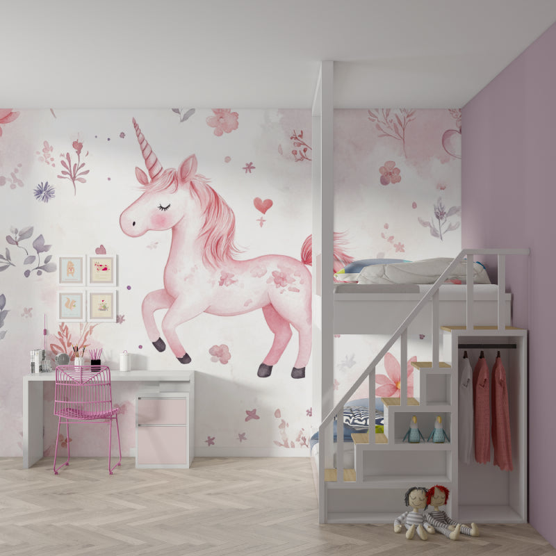 Papier Peint Licorne Aquarelle Rose avec Fleurs et Nuages Example de Design 1