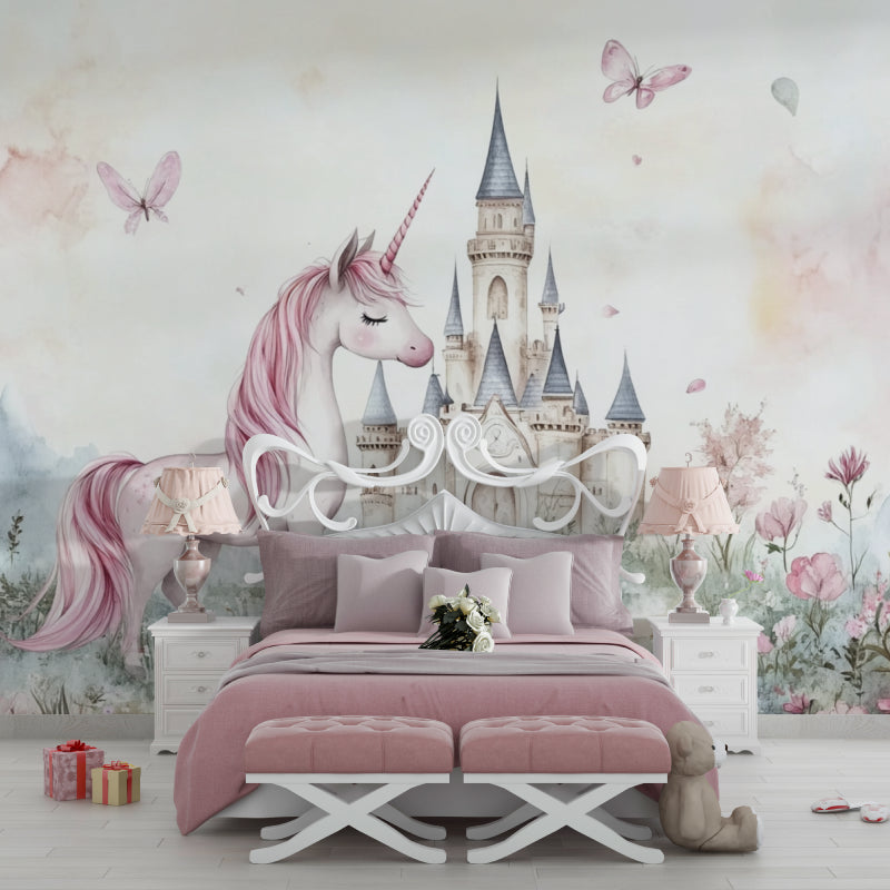 Papier Peint Licorne Château Féerique et Papillons Rose Pastel Example de Design 1