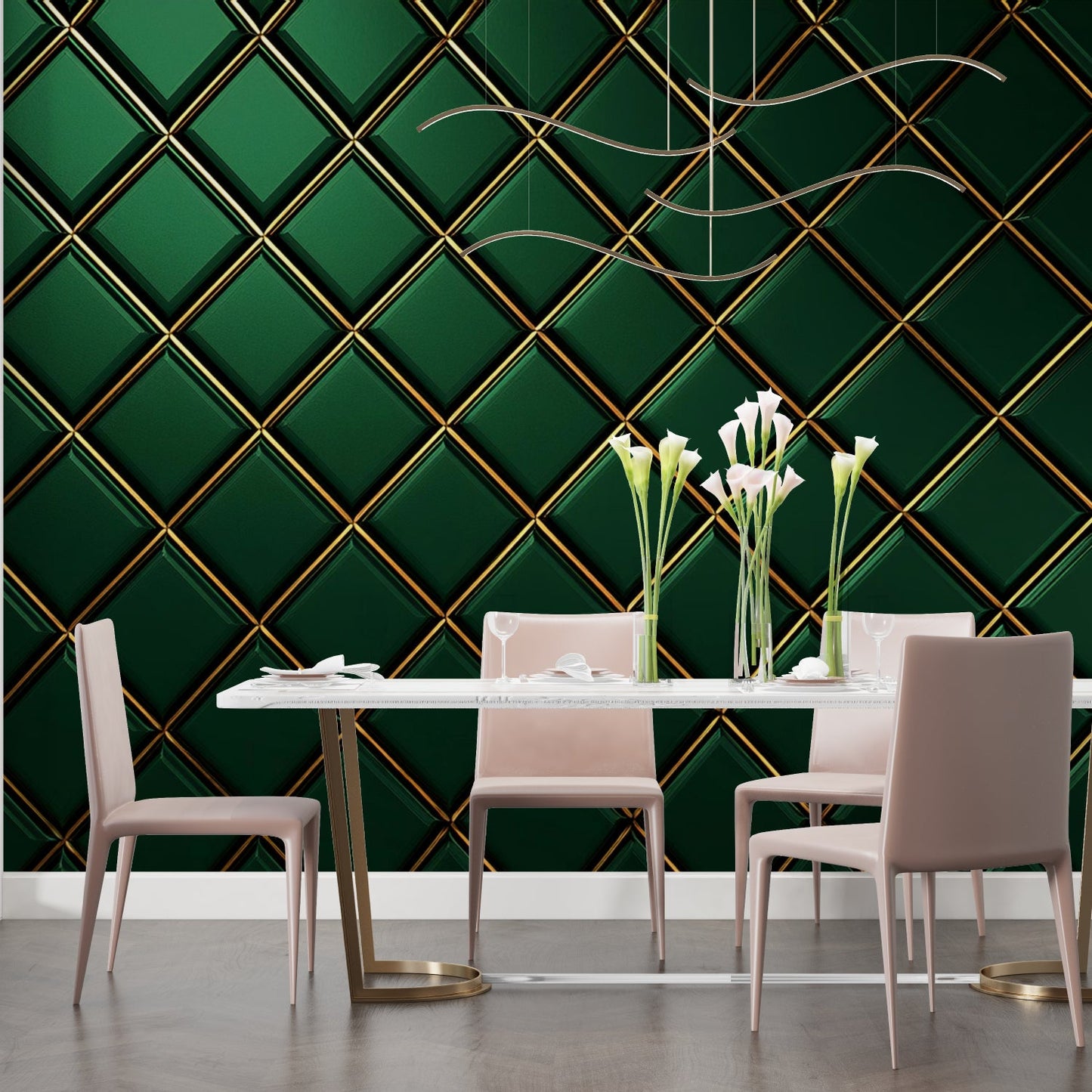 Papier Peint Géométrique Motif Diamant Vert et Doré Art Déco Example de Design 1