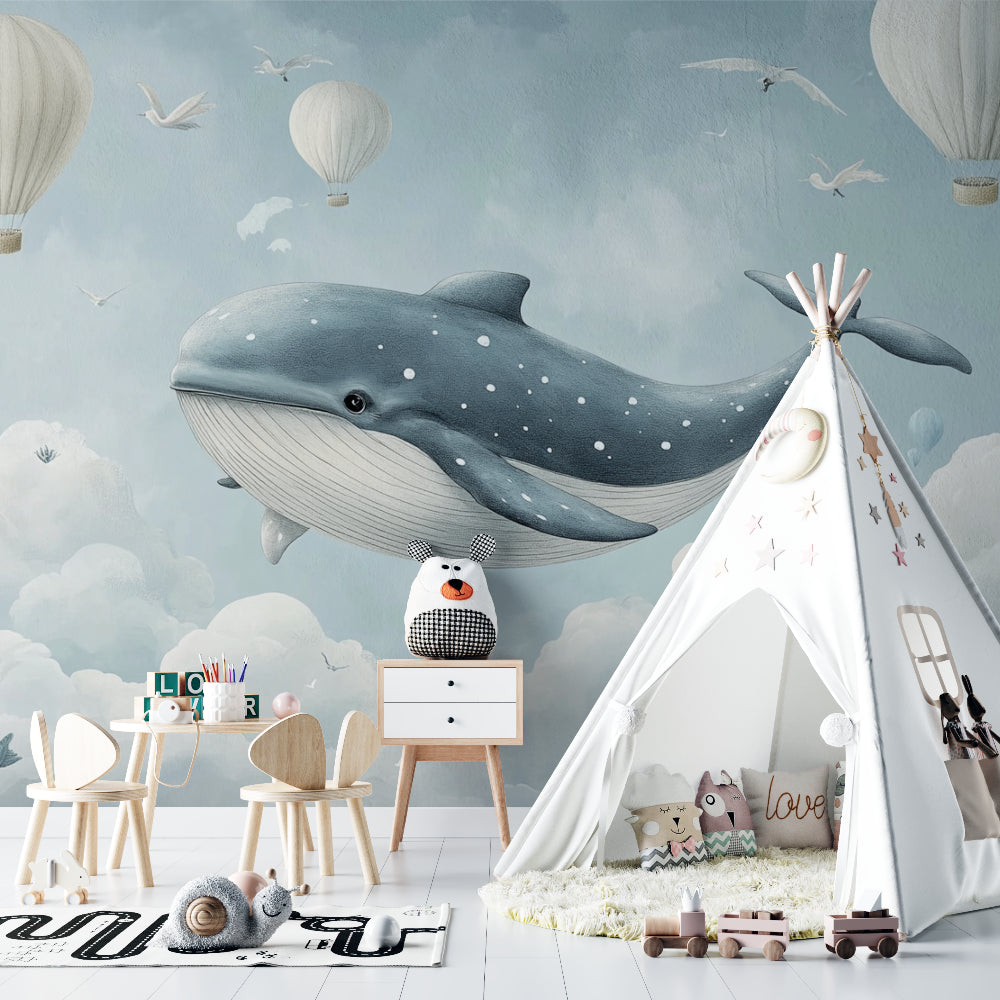 Papier Peint Baleine Scène Féérique avec Montgolfières et Nuages Example de Design 1