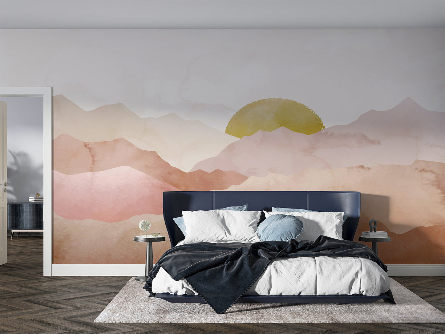 Papier Peint Montagne Paysage Aquarelle Terracotta et Soleil Doré Example de Design 1