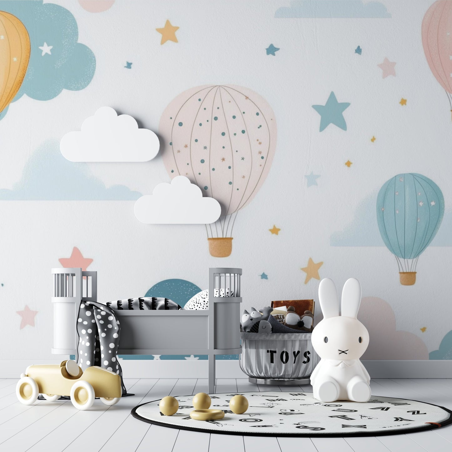 Papier Peint Montgolfière Ciel Pastel avec Étoiles et Nuages Example de Design 1