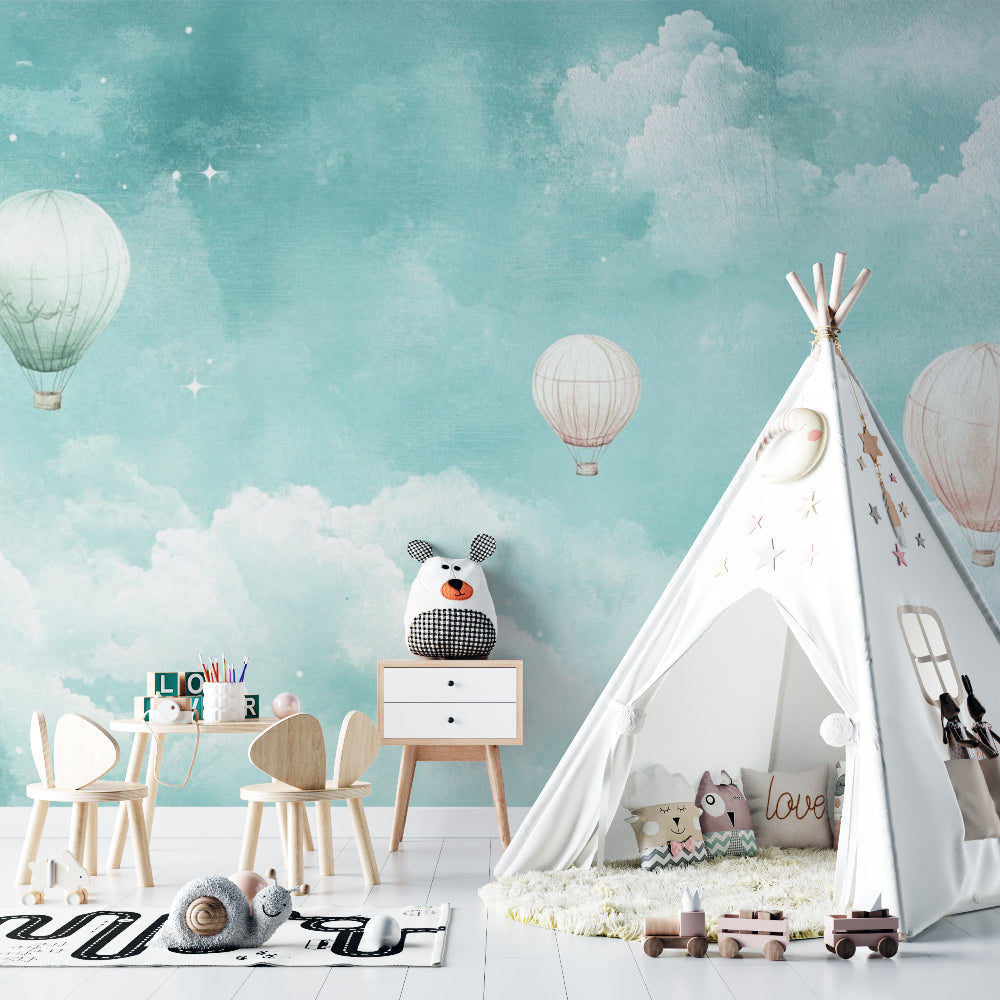 Papier Peint Montgolfière Ciel Turquoise et Nuages Féeriques Example de Design 1