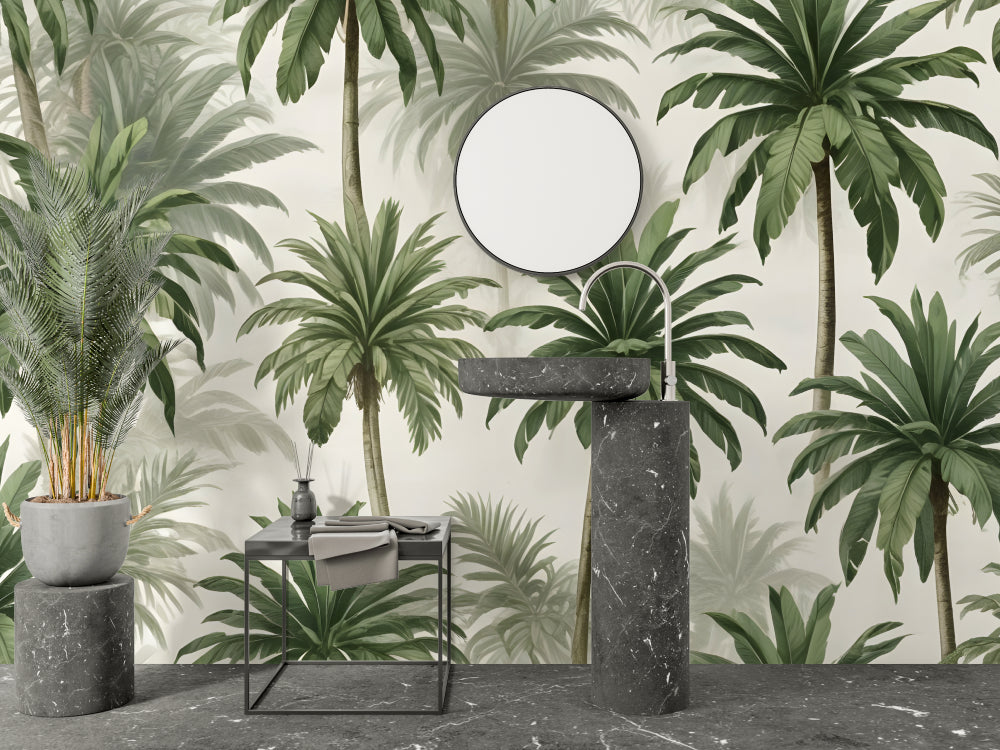 Papier Peint Palmier Fresque Tropicale Luxuriante sur Fond Ivoire Example de Design 1