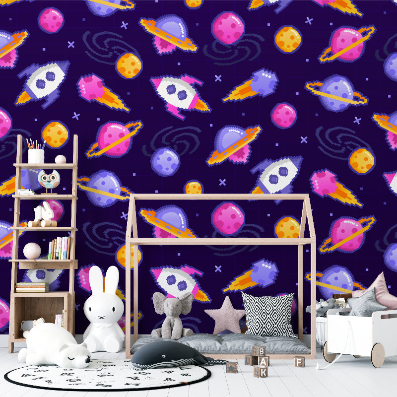 Papier Peint Espace Fusées et Planètes Style Pixel Art Example de Design 1