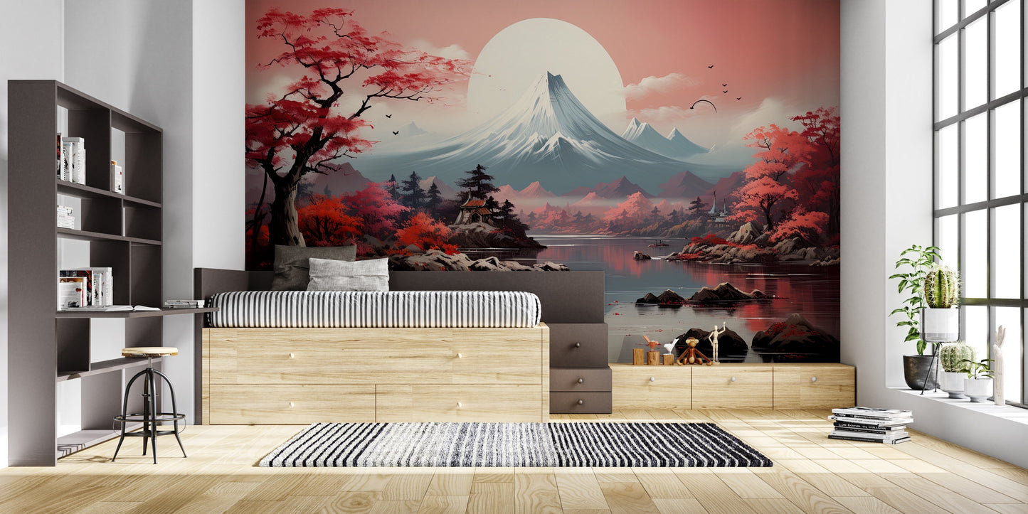 Papier Peint Mont Fuji Paysage Japonais avec Cerisiers en Fleurs Example de Design 1