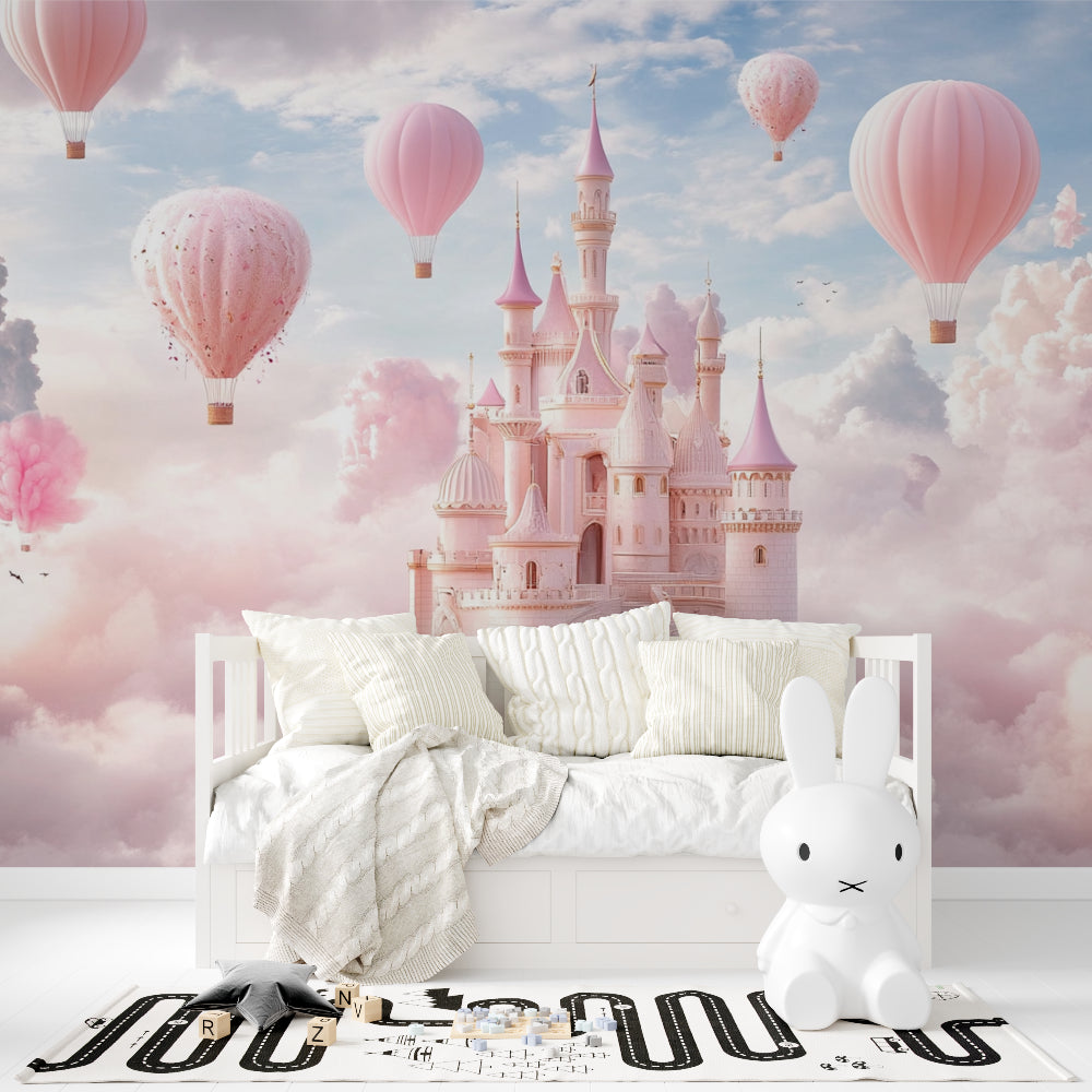 Papier Peint Château de Princesse Montgolfières Roses dans les Nuages Example de Design 1
