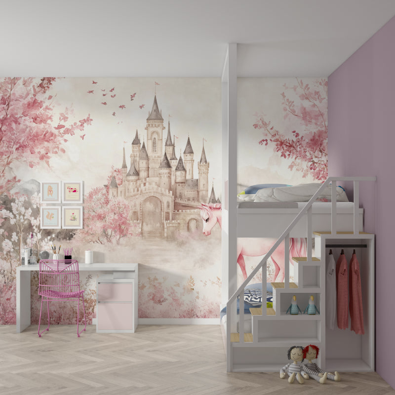 Papier Peint Château Licorne Fresque Aquarelle Rose Princesse Example de Design 1