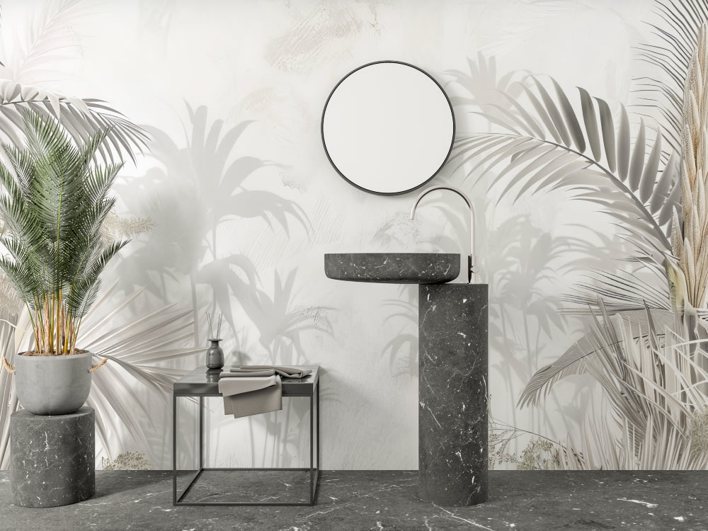 Papier Peint Palmier Feuillage Tropical en Nuances Beiges Example de Design 1