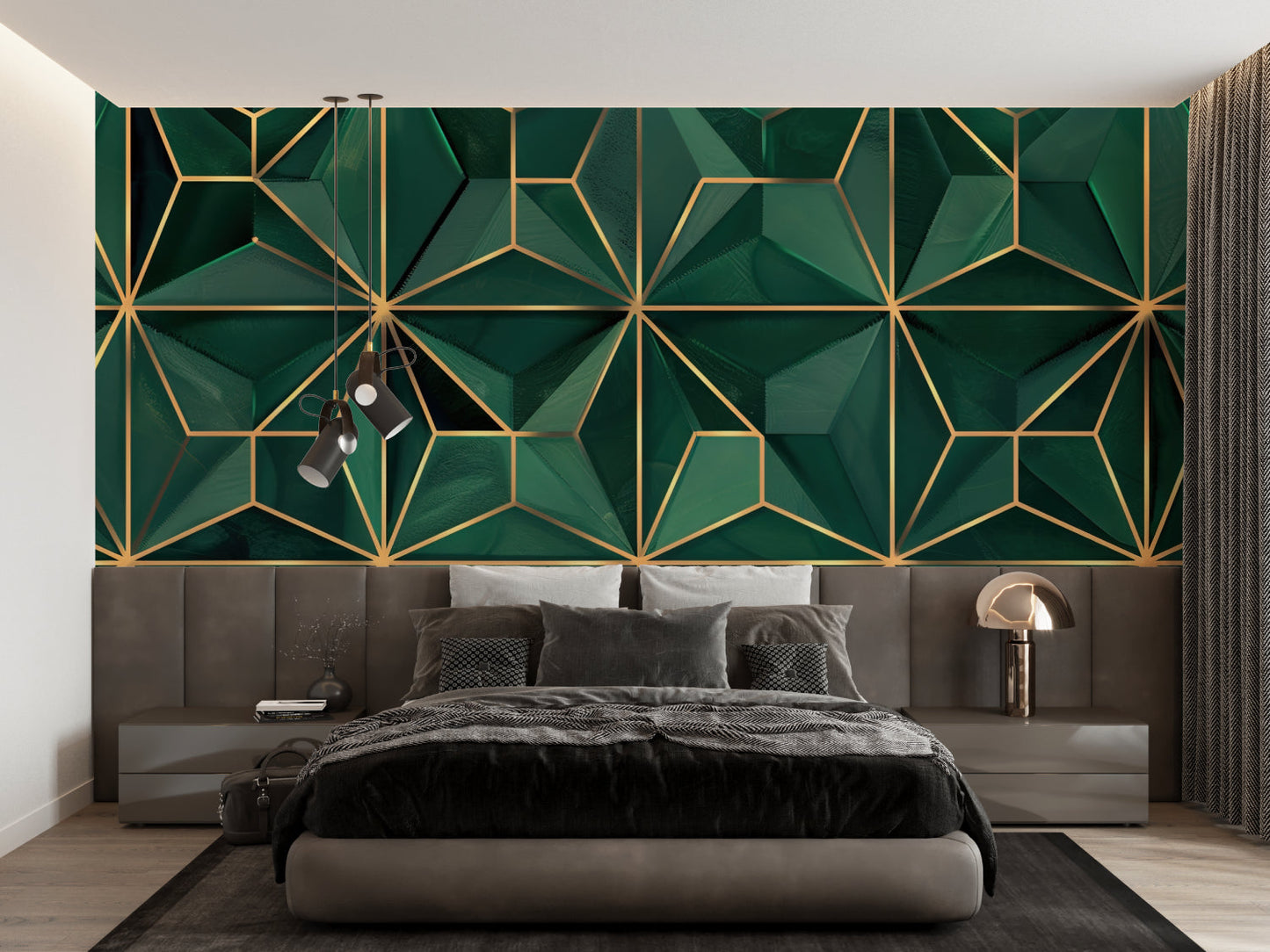 Papier Peint Art Déco Motif Géométrique Vert Émeraude et Or Example de Design 1