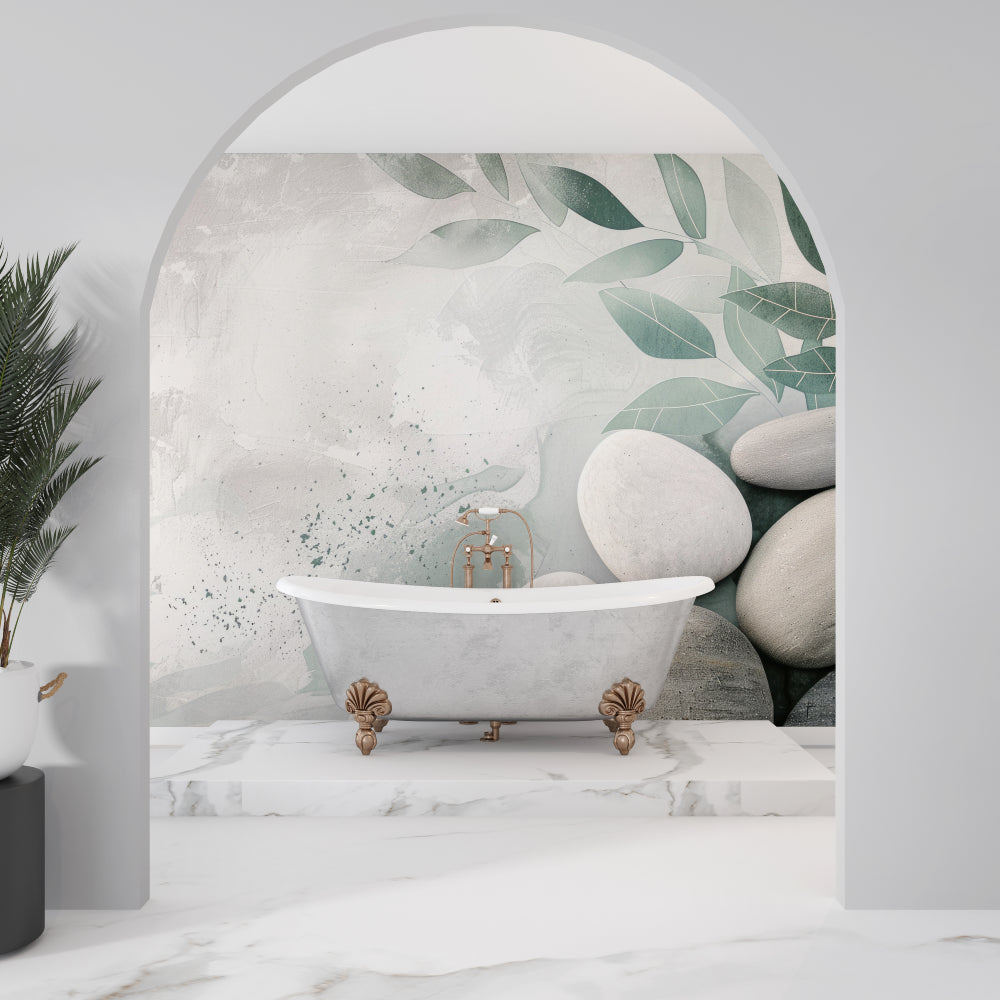 Papier Peint Zen Feuilles de Sauge et Galets Naturels Example de Design 1