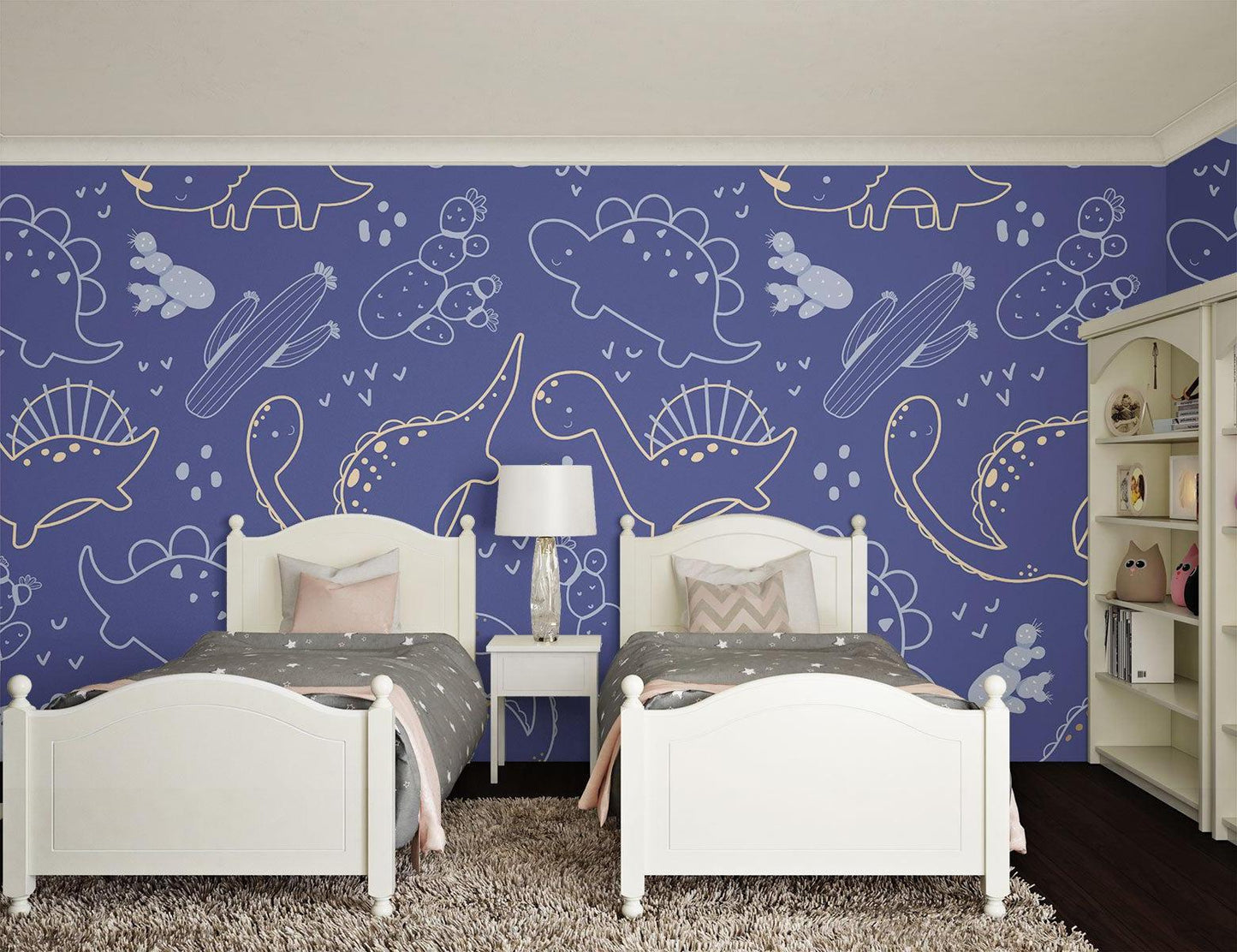 Papier Peint Dinosaure Motif Ligne Art Bleu Marine et Doré Example de Design 2