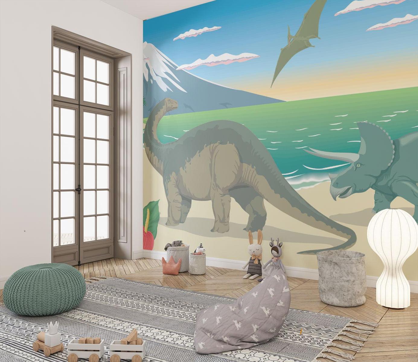 Papier Peint Dinosaure Paysage Préhistorique avec Montagnes et Océan Example de Design 2