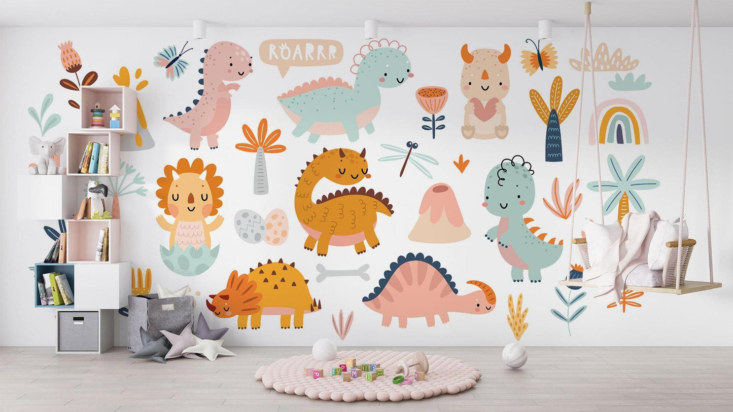 Papier Peint Dinosaure Fresque Pastel avec Motifs Nature Example de Design 2