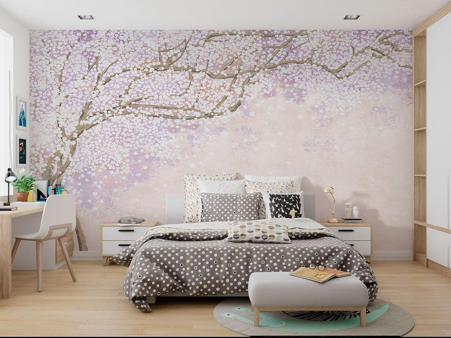 Papier Peint Cerisier Japonais Branches de Sakura Rose et Lavande Example de Design 2