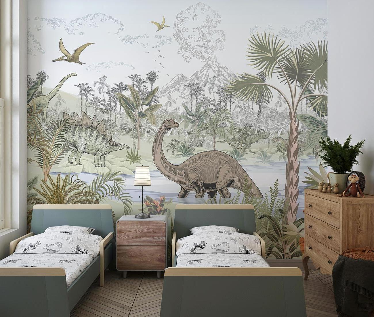 Papier Peint Dinosaure Scène Préhistorique Tropicale avec Volcans Example de Design 2