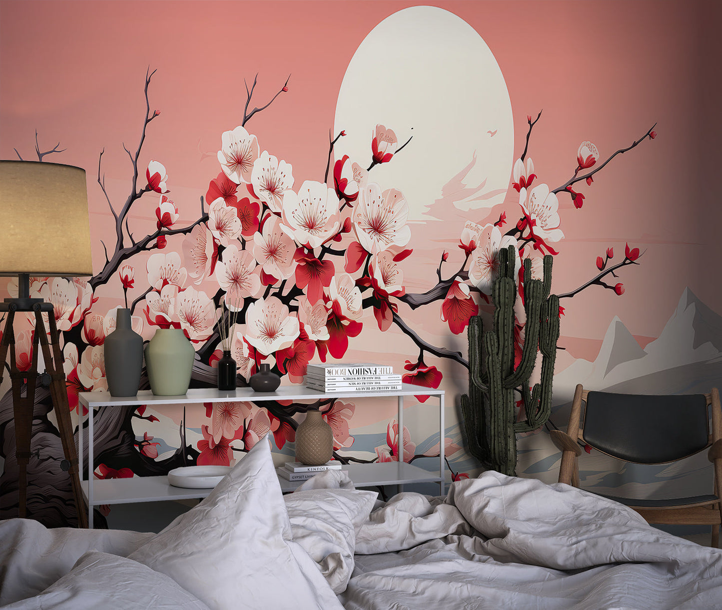 Papier Peint Japonais Cerisiers en Fleurs et Pleine Lune Rose Example de Design 2