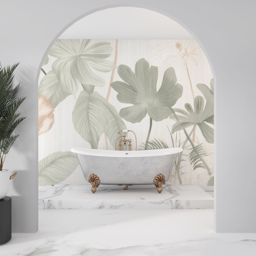 Papier Peint Feuillage Monstera et Palmiers Tons Vert Sauge Example de Design 2
