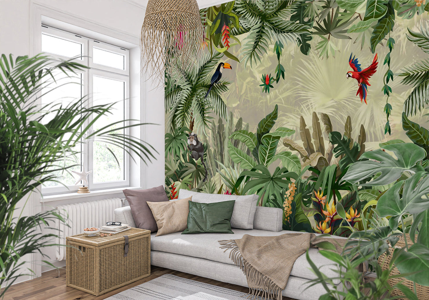 Papier Peint Jungle Tropicale Oiseaux Exotiques et Fleurs Sauvages Example de Design 2