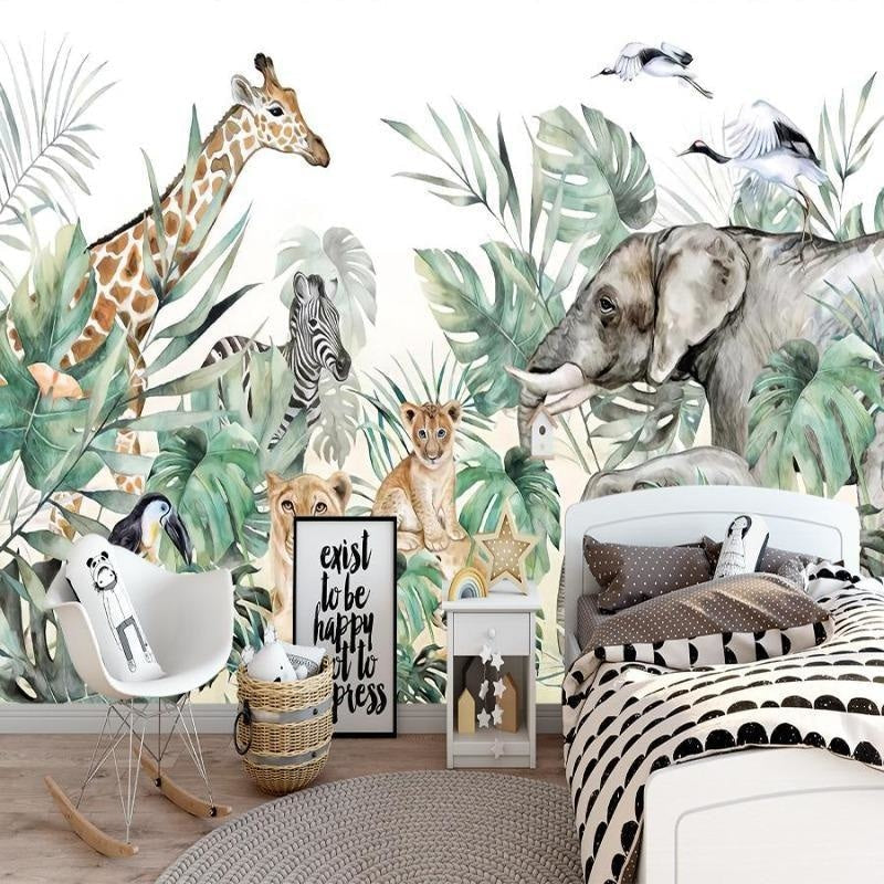 Papier Peint Safari Fresque Aquarelle Animaux et Feuillages Tropicaux Example de Design 2