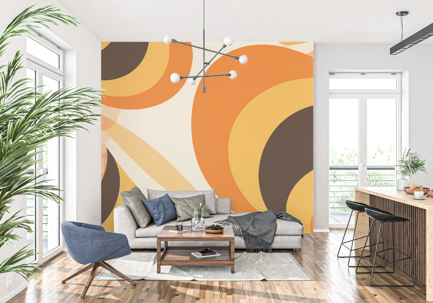 Papier Peint Géométrique Cercles Rétro Orange Style 70s Example de Design 2