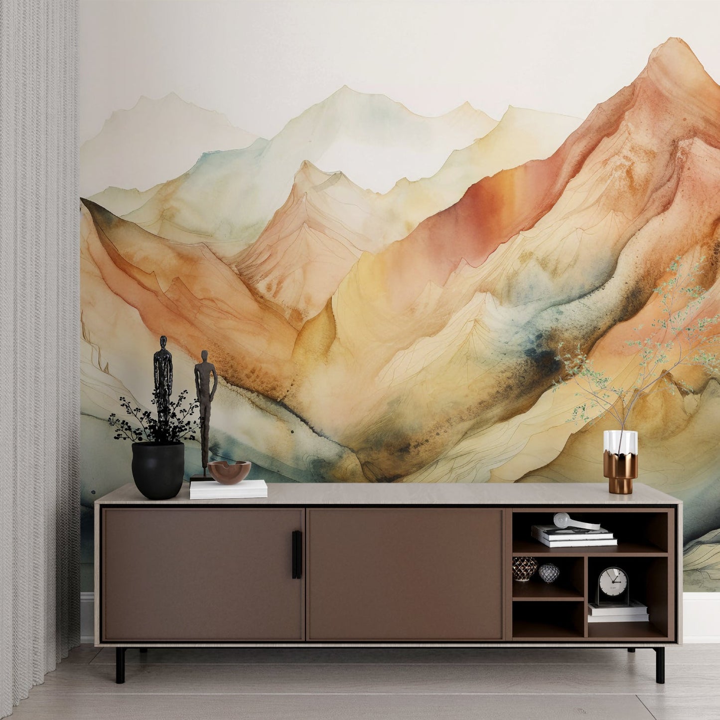 Papier Peint Montagne Paysage Aquarelle Terracotta et Beige Example de Design 2