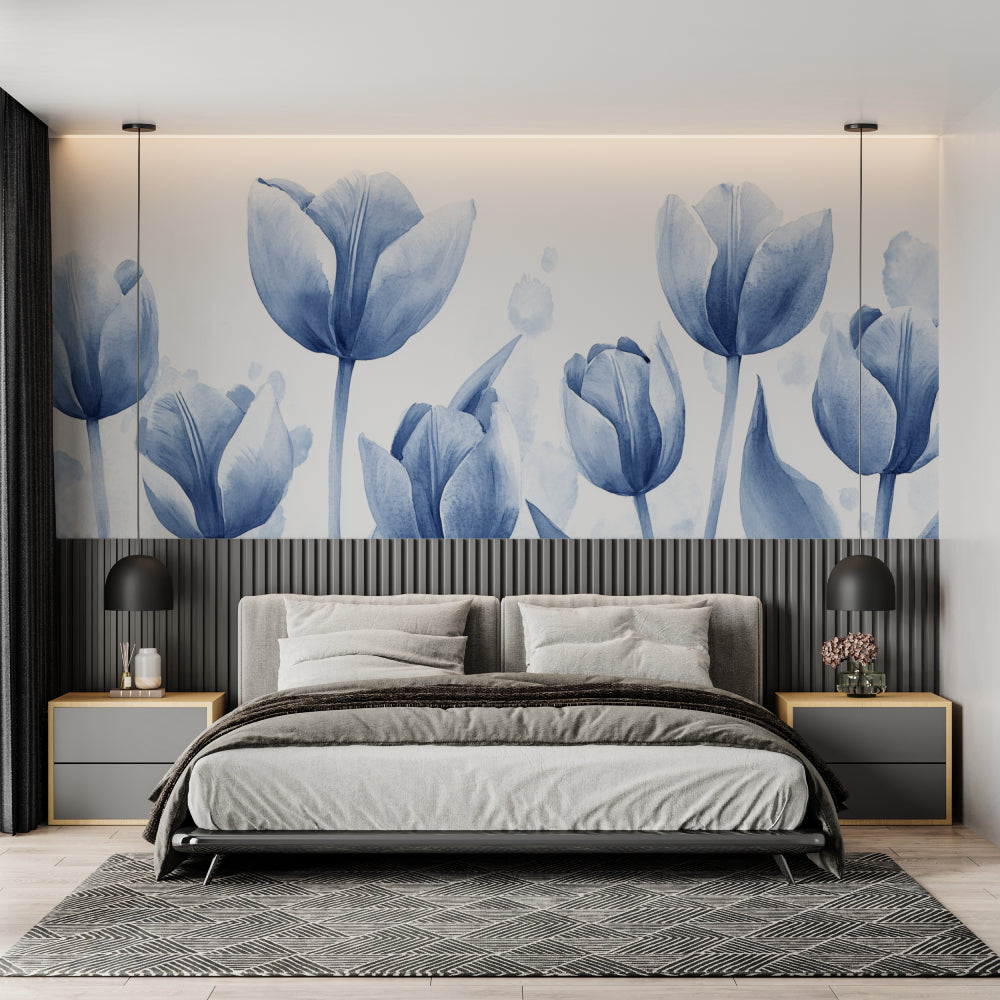 Papier Peint Tulipes Aquarelle Florale Bleu Azur Example de Design 2