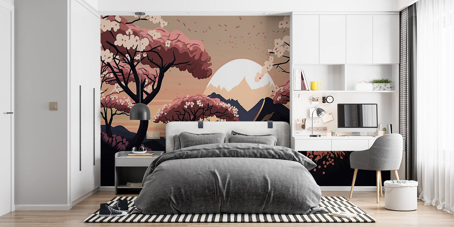Papier Peint Japonais Cerisiers en Fleurs et Mont Enneigé au Coucher du Soleil Example de Design 2