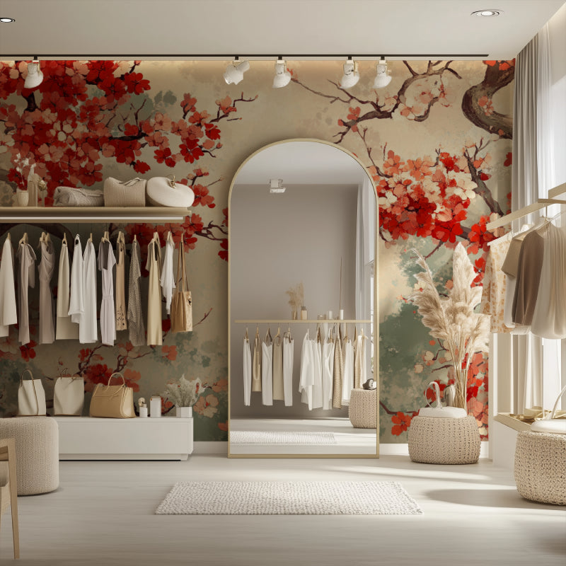 Papier Peint Japonais Cerisiers en Fleurs Rouge et Beige Example de Design 1