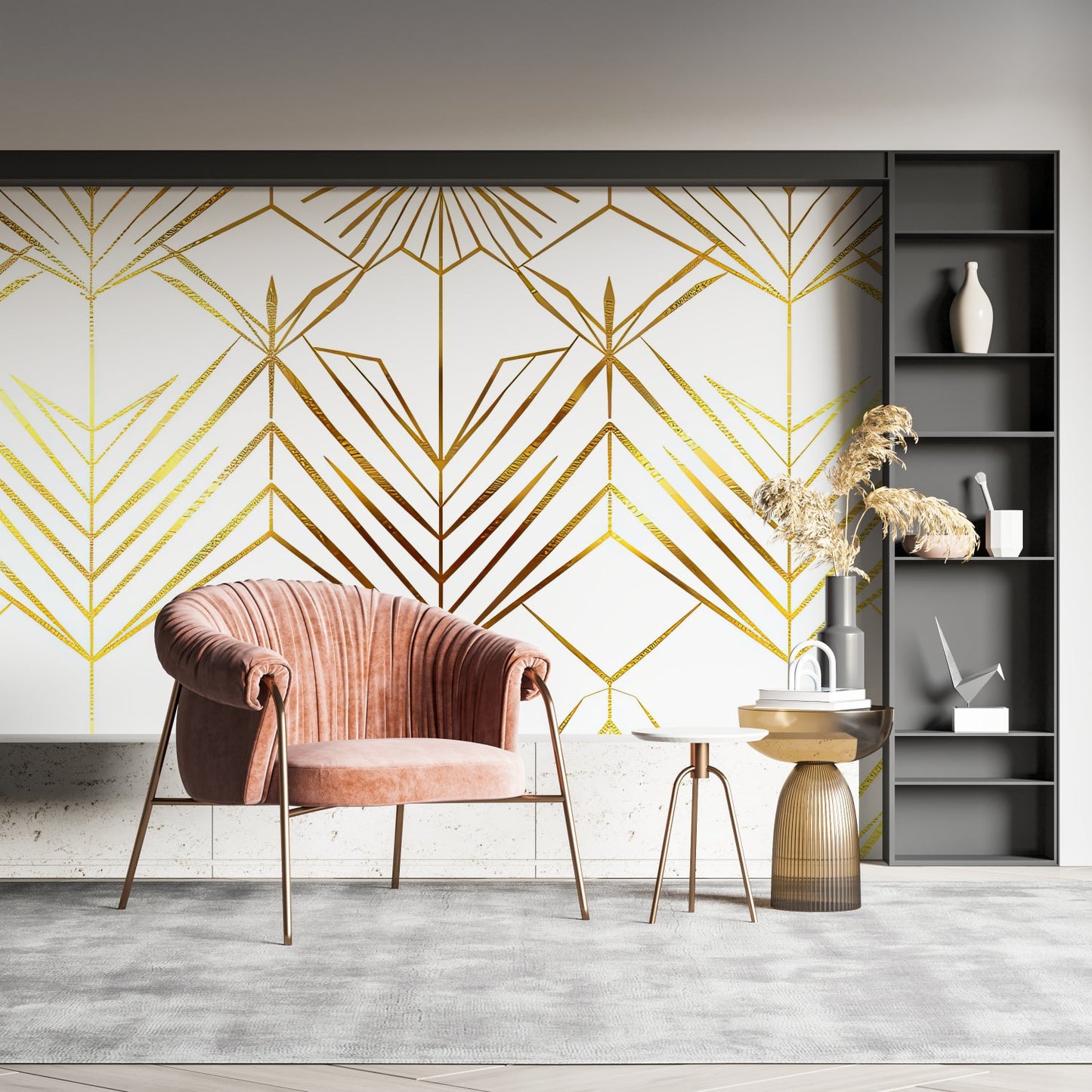 Papier Peint Art Déco Motif Géométrique Doré sur Fond Blanc Example de Design 2
