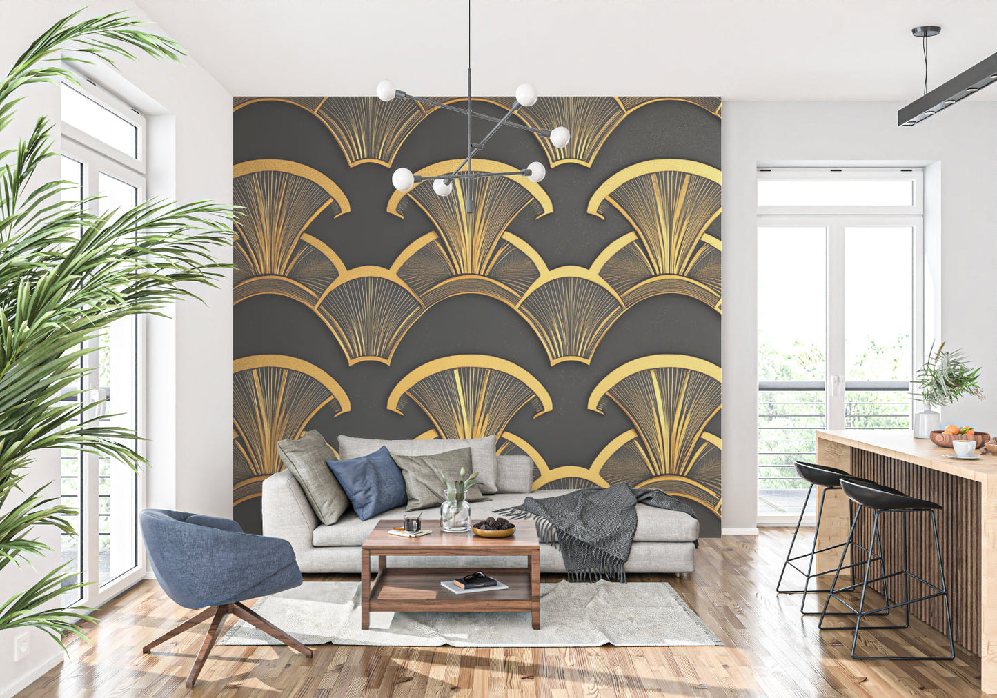 Papier Peint Art Déco Motif Éventail Noir et Doré Example de Design 2