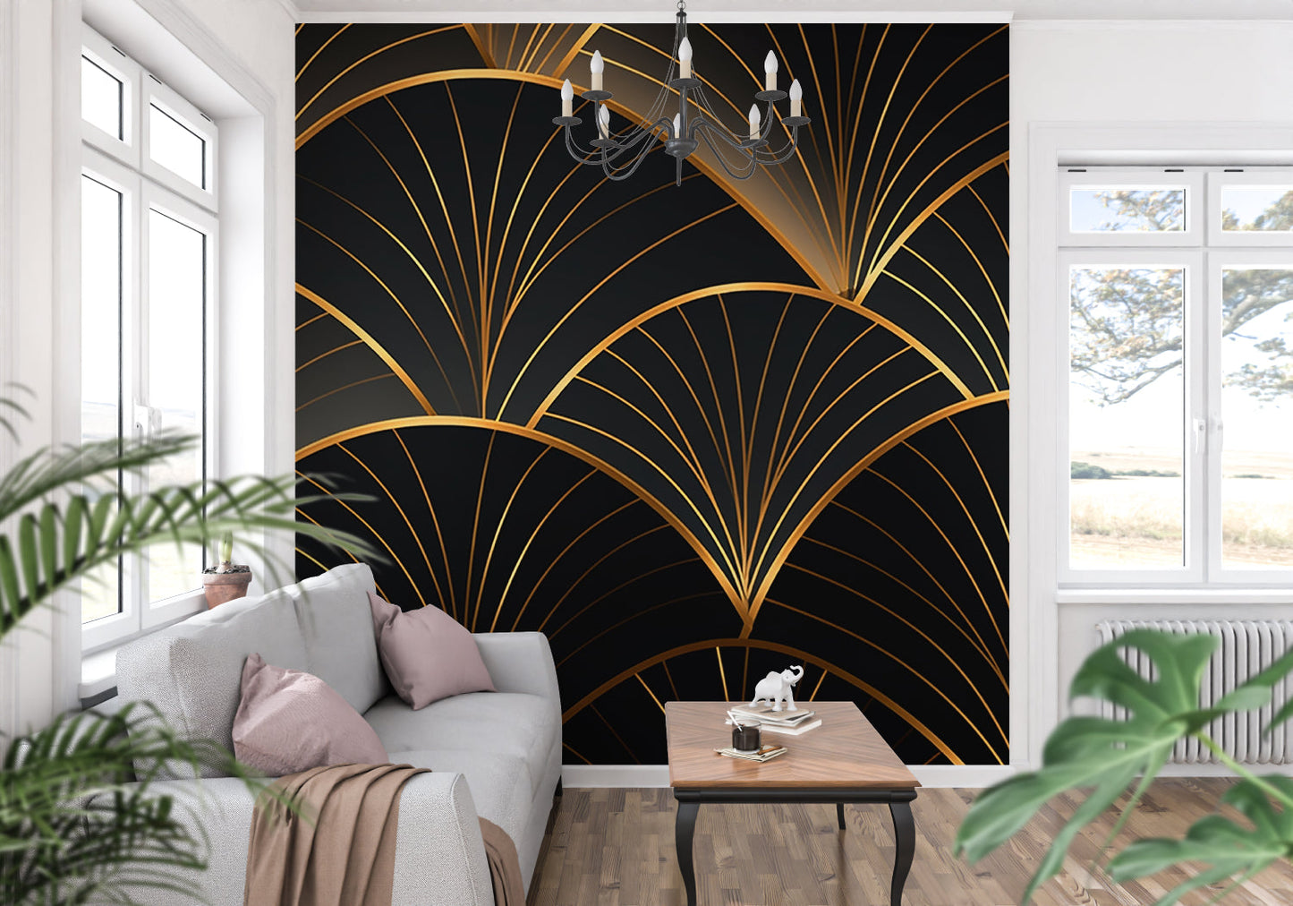 Papier Peint Art Déco Motif Éventail Noir et Doré Example de Design 2
