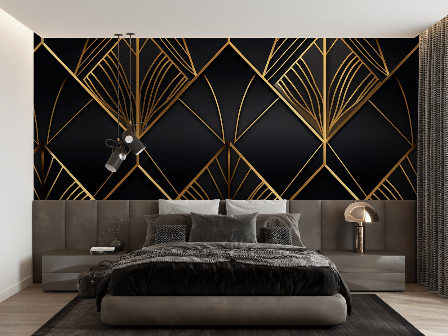 Papier Peint Art Déco Motif Géométrique Noir et Doré Example de Design 2