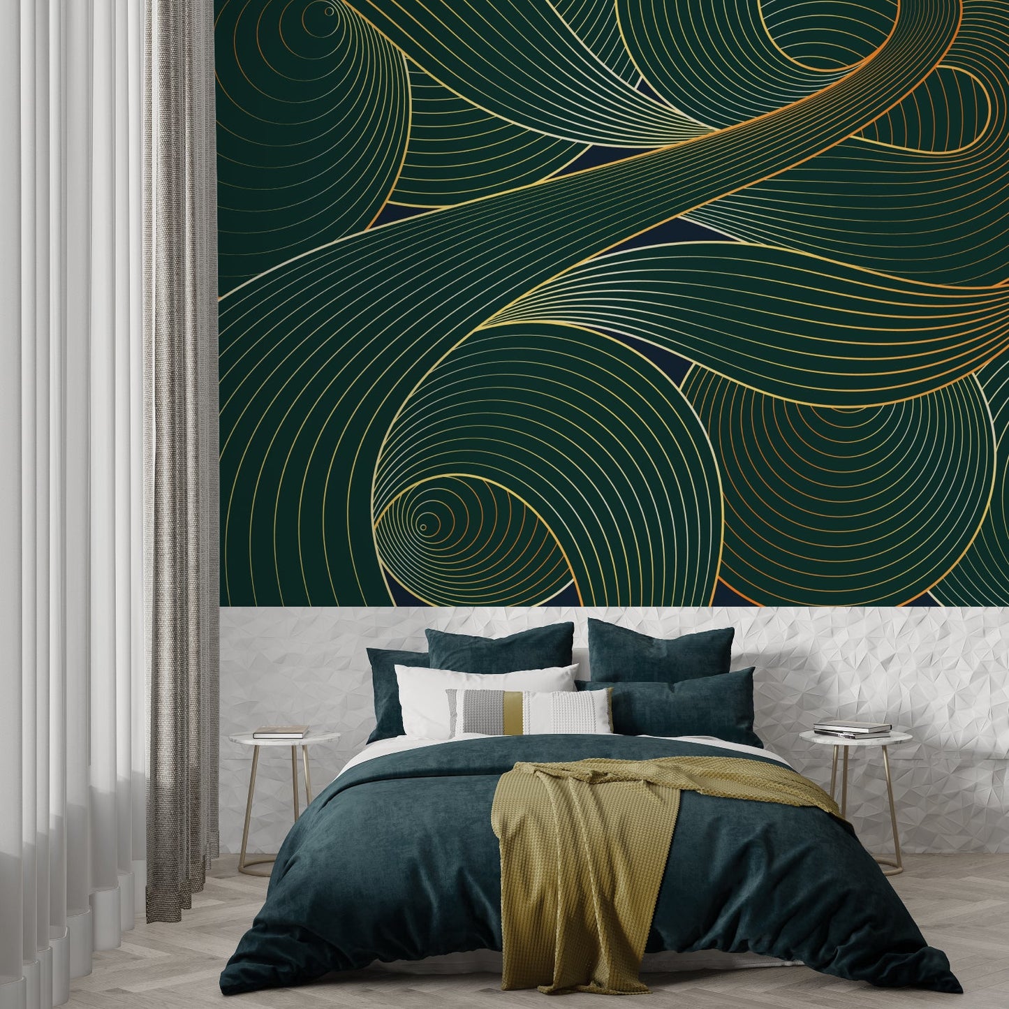 Papier Peint Art Déco Motif Vagues Émeraude et Or Example de Design 2