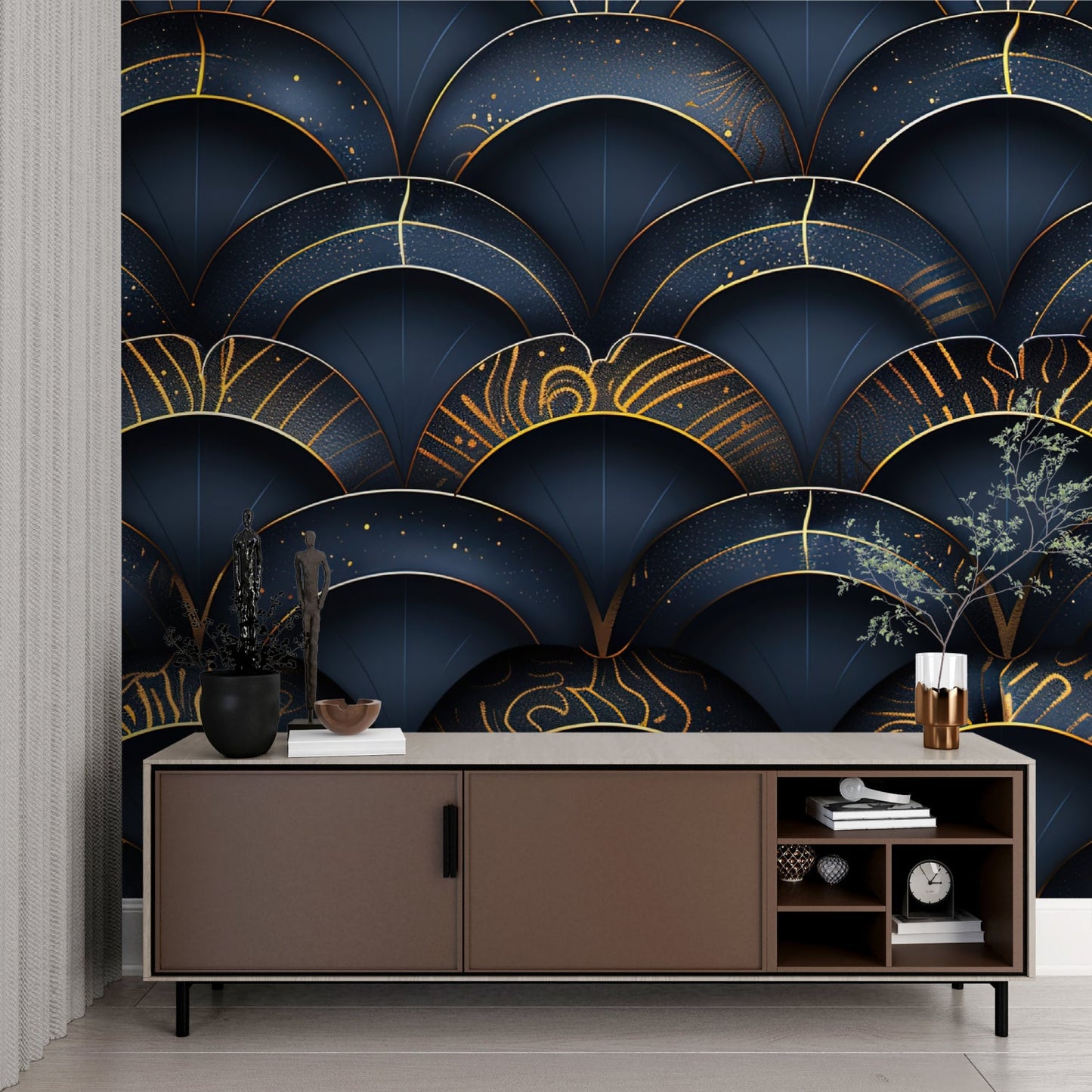 Papier Peint Art Déco Arches Géométriques Bleu Marine et Or Example de Design 2