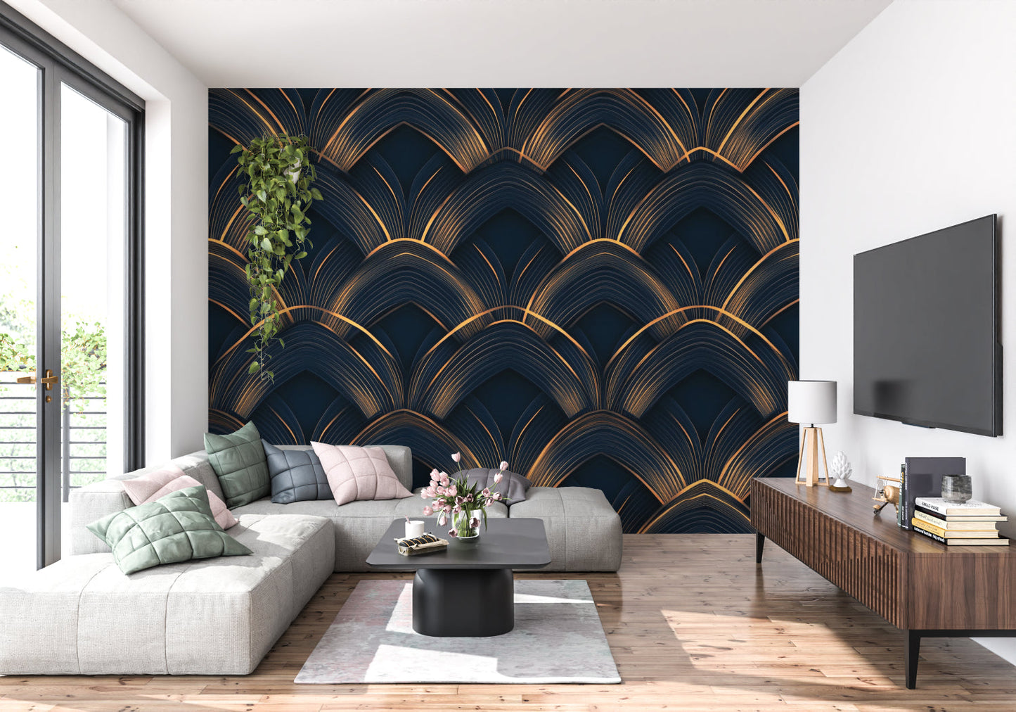 Papier Peint Art Déco Motif Éventail Géométrique Noir et Or Example de Design 2