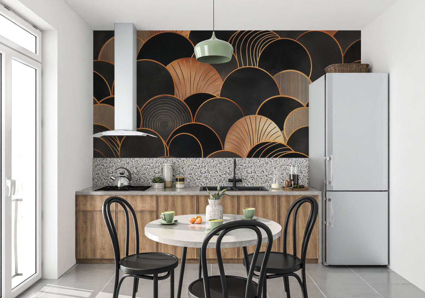 Papier Peint Art Déco Arches Géométriques Noir et Doré Example de Design 2