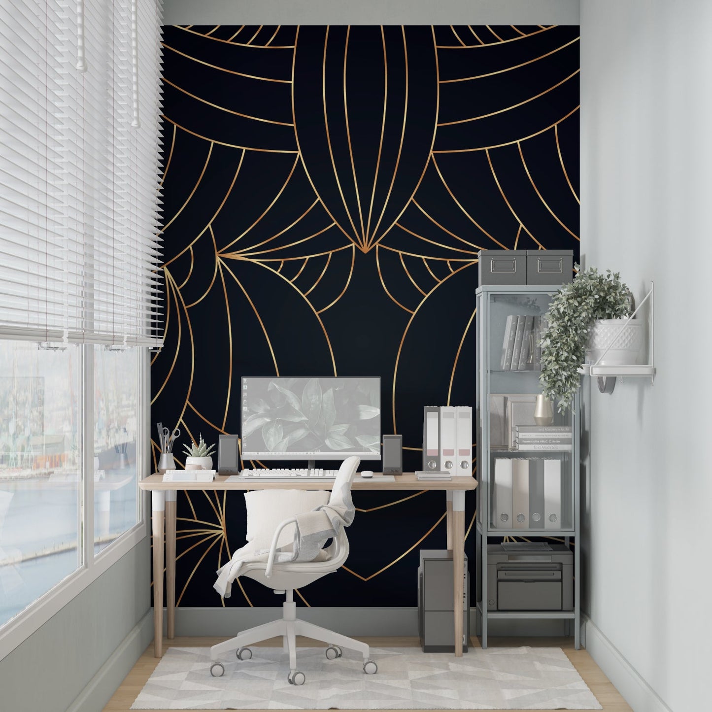 Papier Peint Art Déco Motif Géométrique Noir et Doré Example de Design 2