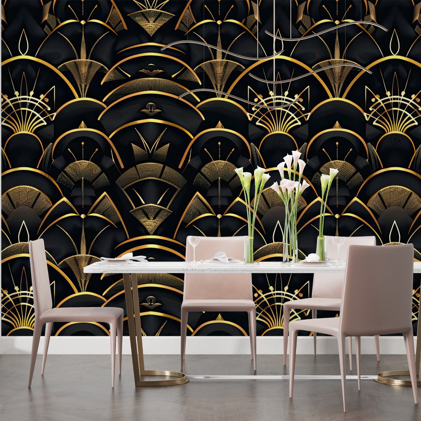 Papier Peint Art Déco Motif Géométrique Noir et Doré Example de Design 2