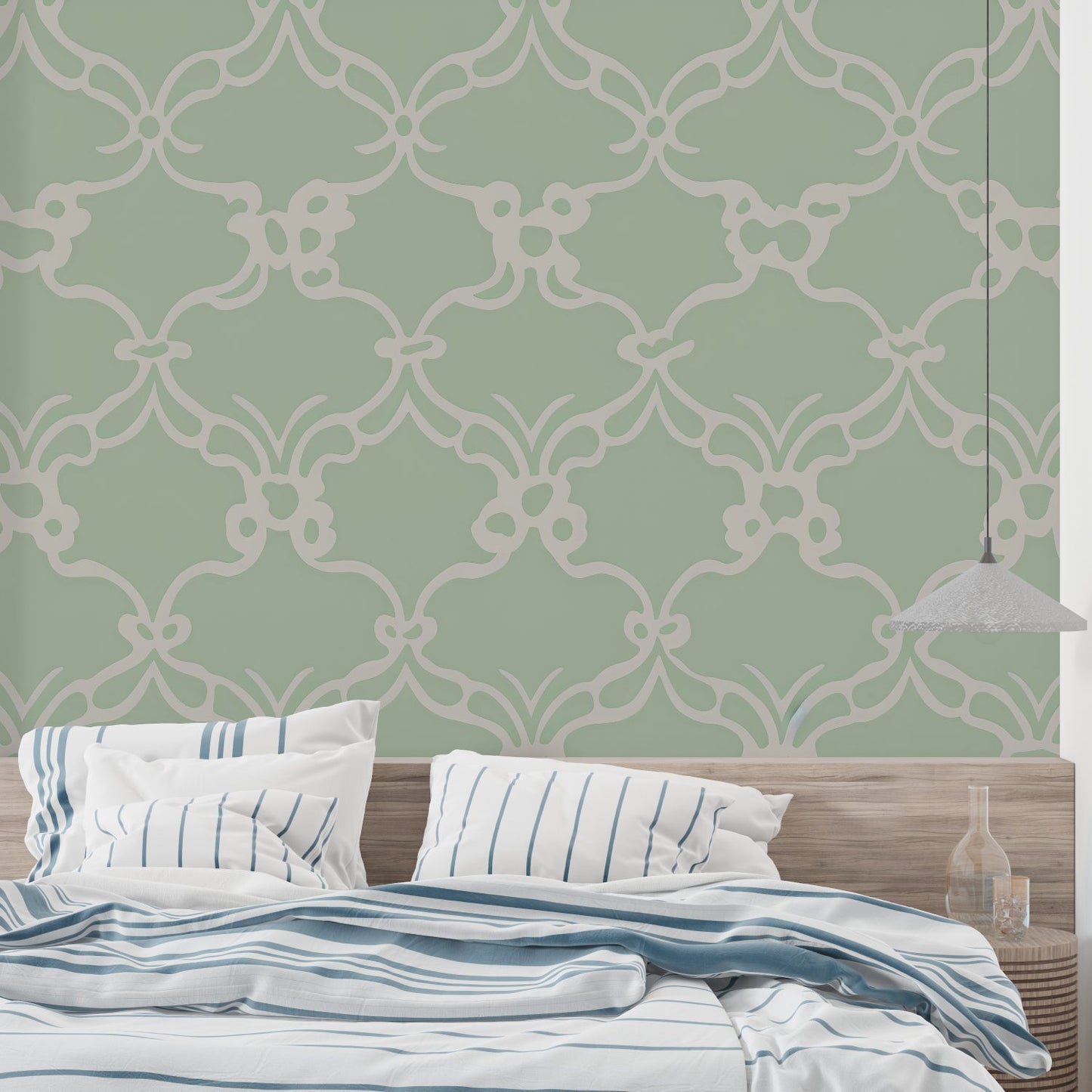 Papier Peint Art Déco Motif Géométrique Vert Sauge et Beige Example de Design 2